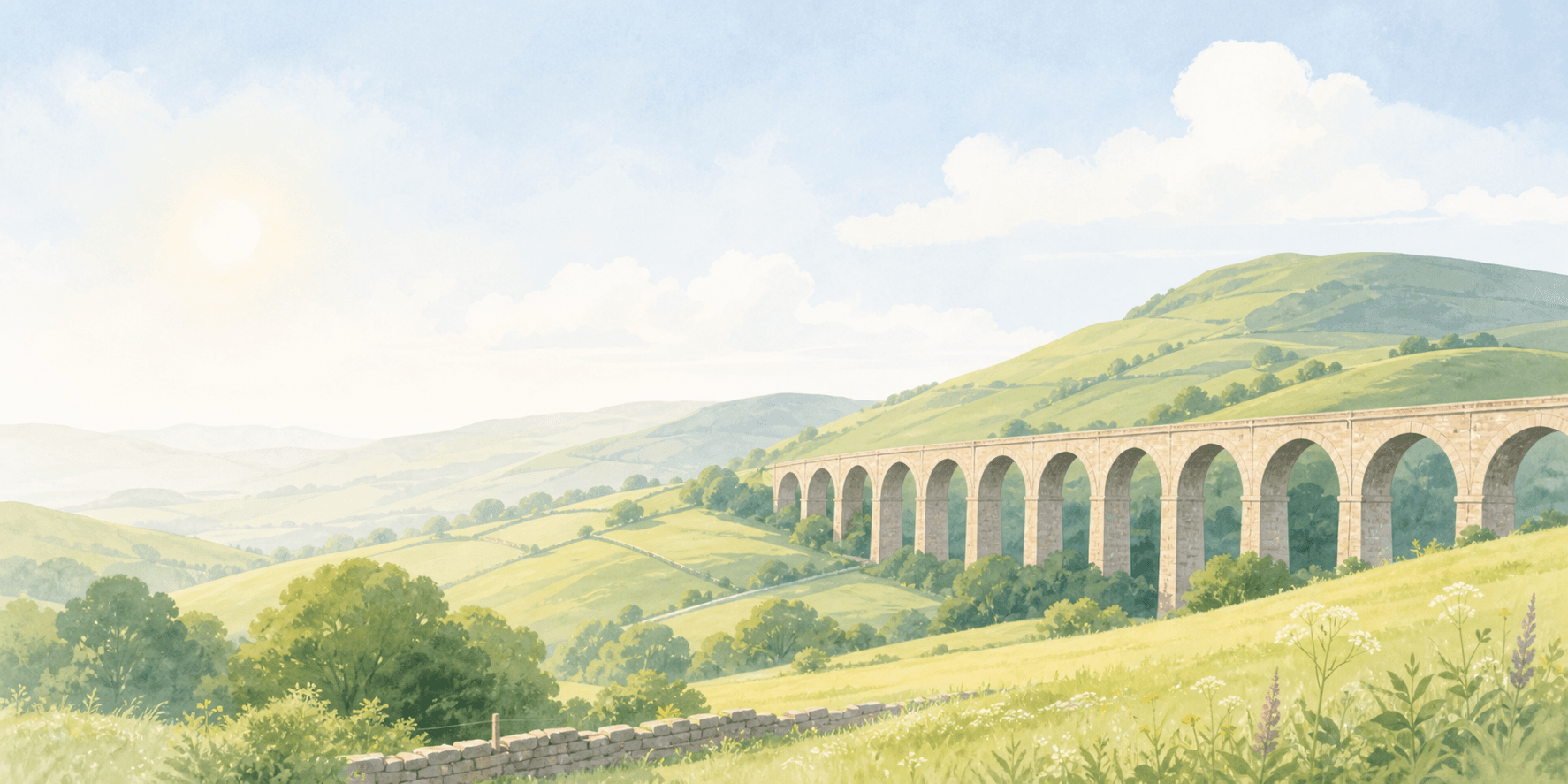 Soft illustrated Lancashire hills and viaduct